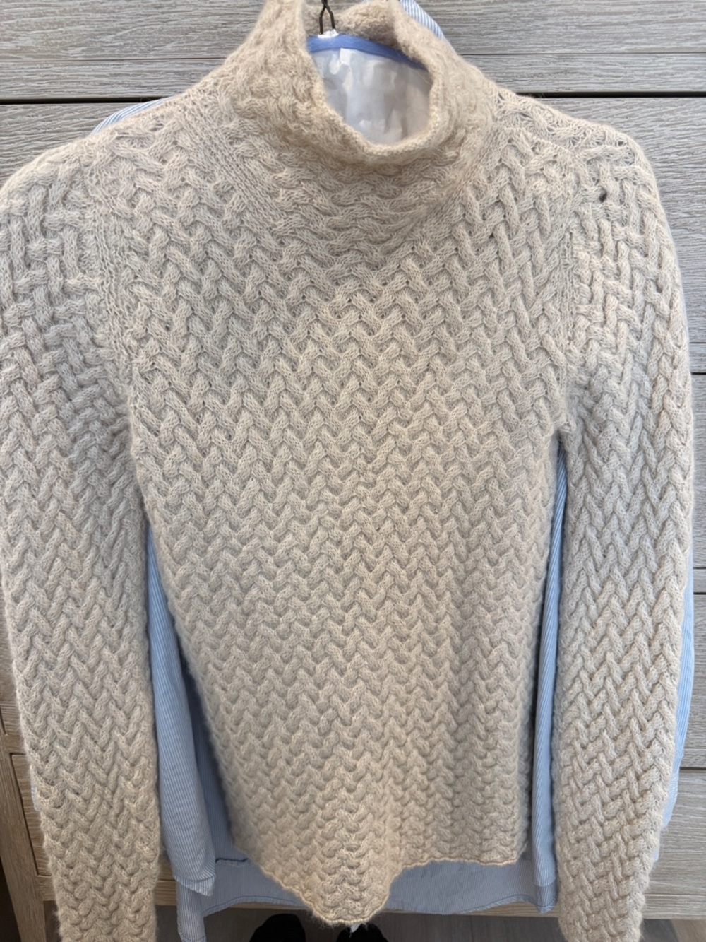 100% Baby Alpaca DKNY Cream Cable Knit Turtleneck Sweater